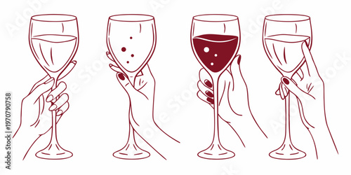 Four hands elegantly holding wine glasses with varying liquid levels