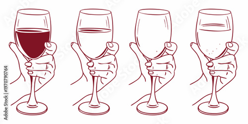 Four hands holding champagne flutes with varying levels of liquid