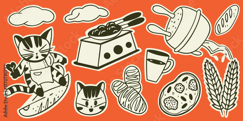 A playful illustration featuring a cat coffee and various baked goods