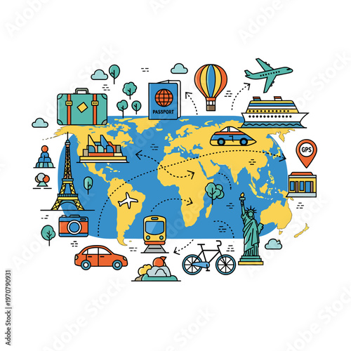A colorful illustration of global travel and tourism with various transportation methods and famous landmarks on a world map.