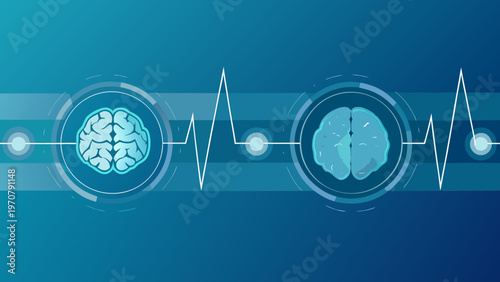 Brain activity vector illustration with eeg heartbeat line on blue background showing mental health and neuroscience concepts