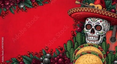 Cinco de mayo background with sugar skull, tacos, guitar, and cacti
