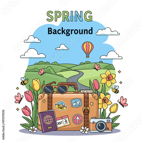 Cartoon illustration of a vibrant spring travel background with a vintage suitcase, passport, camera, blooming flowers, bees, butterflies, and a scenic landscape with a hot air balloon.