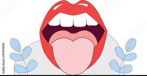 Cartoon open mouth with tongue out and blue leaves on white  funny expression
