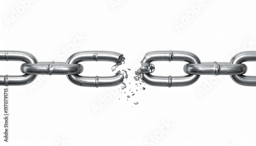 Broken metallic chain link under tension on plain white background