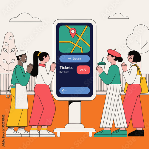 Ticket kiosk with people using touchscreen in flat design