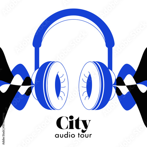 Headphones with sound waves for city audio tour concept