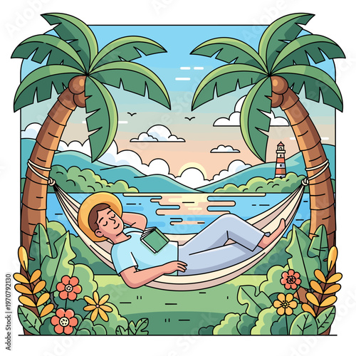Cartoon illustration of a person relaxing in a hammock between palm trees on a tropical beach with a lighthouse and mountains in the background.