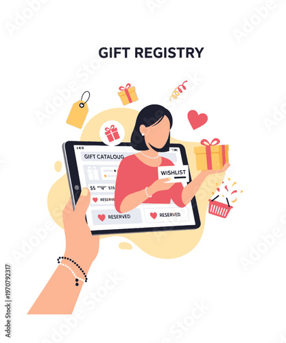 woman managing gift registry online shopping flat design vector illustration