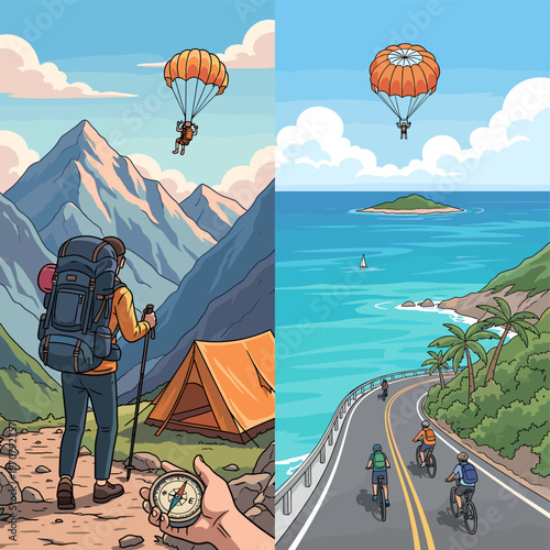 Split image showing mountain hiking adventure with paragliding and coastal road cycling with ocean views, depicting diverse outdoor travel experiences.