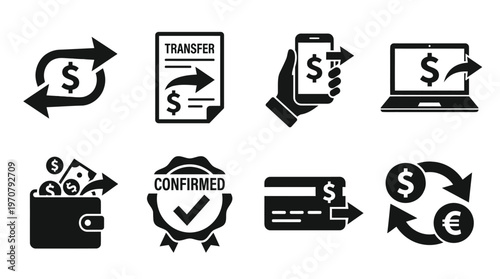 Money Transfer Icons – Banking, Payments, and Currency Exchange