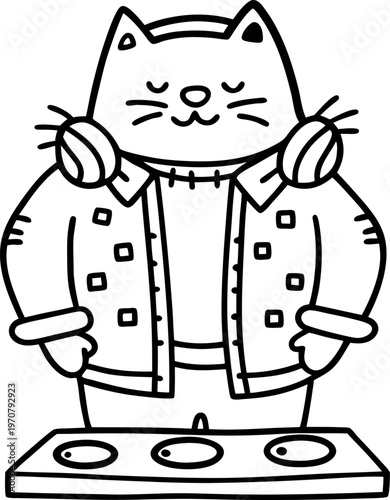 Cat dj performing with headphones and sound mixer music entertainment, character, party, fun concept