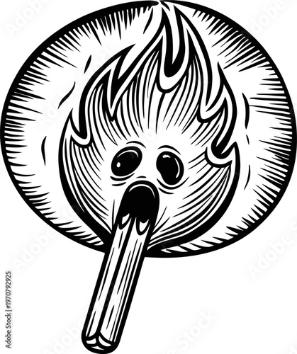 matchstick with flame and surprised face, burning wood illustration