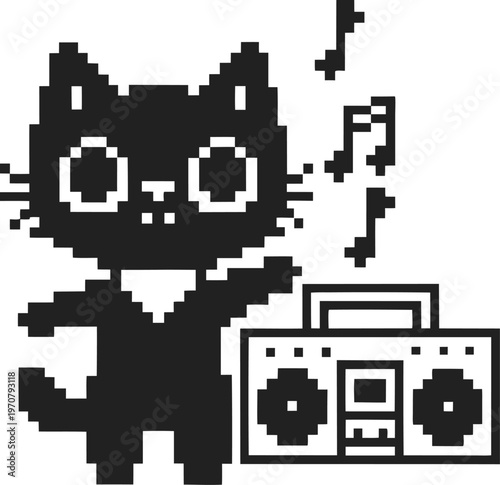 Pixel art black cat dancing next to a boombox with musical notes, retro digital illustration
