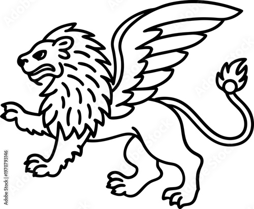 Winged lion with fierce expression and raised paw, mythical creature symbol of strength and courage