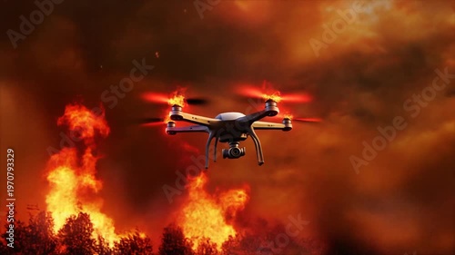 Cinematic quadcopter drone descending through a fiery sky filled with thick orange smoke and explosions, featuring glowing rotors and a surveillance camera in a high temperature environment.