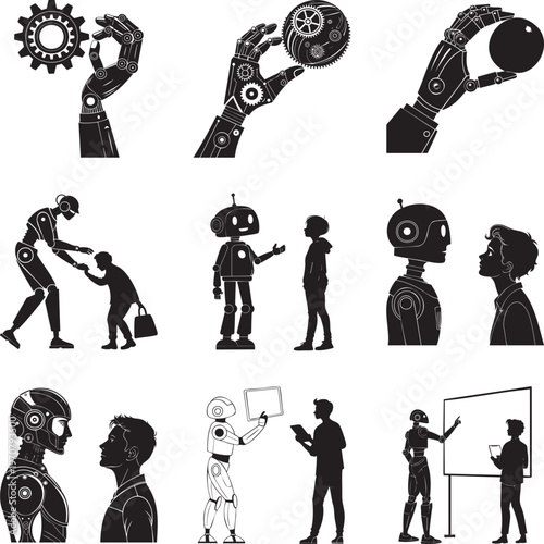 Robot hand holding gear and sphere with various robot human interaction scenes msea set cogwheel