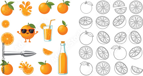 Orange Juice Vector Set Featuring Fresh Citrus Fruits Splash Glass Bottle Juicer and Hand Drawn Outline Elements Collection