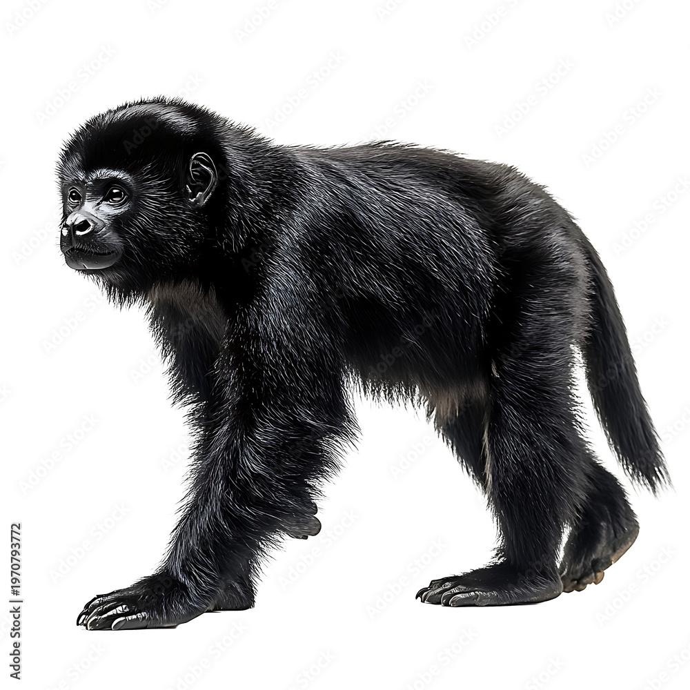 Fototapeta premium Extreme side view full body shot of Yucatan black howler walking isolated on a white background