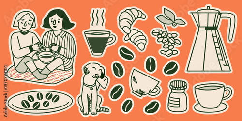 A charming illustration featuring coffee pastries people and a dog