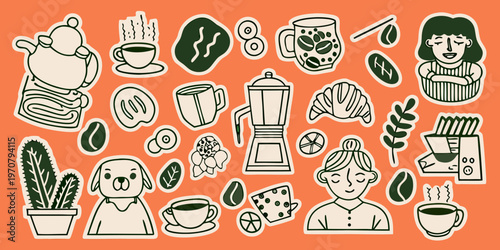 Stylized illustration of coffee people plants and related objects