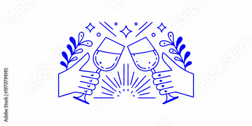 Two hands clinking champagne glasses within a festive circular design