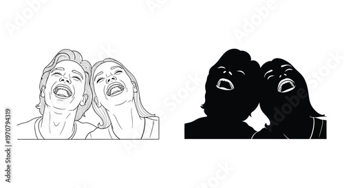 Cheerful vector illustration of a man and woman laughing heartily, their joyful expressions captured in both clean line art and bold silhouette designs.