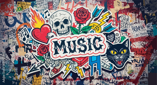 Urban graffiti art with skulls, roses, and black cat stickers eps 10