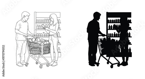Man and woman shopping with a cart at a store with bottles on shelves