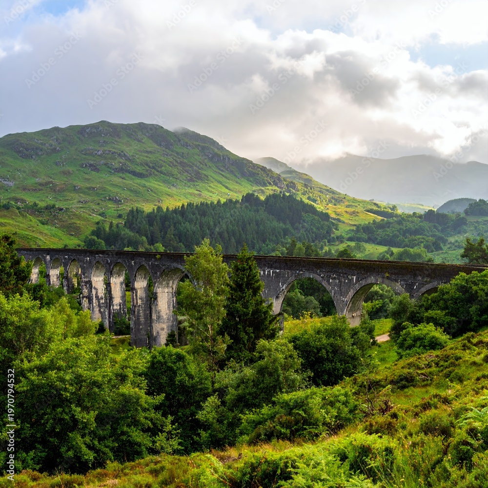 Fototapeta premium Glenfinnan Viaduct in Scottish Highlands, iconic railway bridge amidst lush green landscape and dramatic cloudy sky.