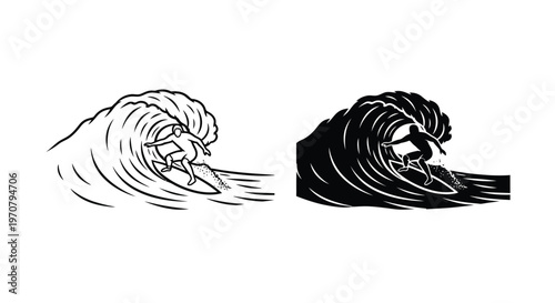 This dynamic vector graphic illustration showcases a determined surfer riding a powerful ocean wave, perfect for adventurous designs and sports themes.