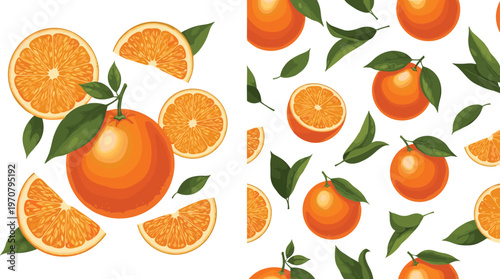 Orange Fruit Seamless Pattern with Whole Oranges Leaves and Slice Variations Fresh Citrus Background Vector Illustration