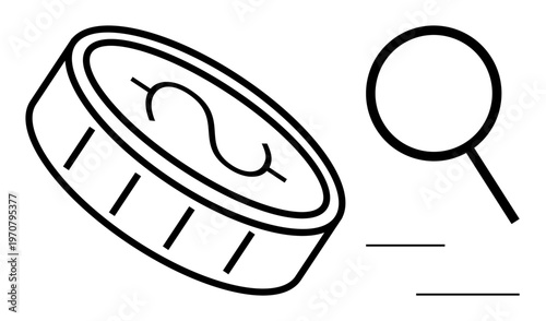Coin with a dollar sign paired with a magnifying glass suggesting financial analysis, money management, investment, savings, economy, wealth, auditing, and market evaluation. Ideal for simple flat