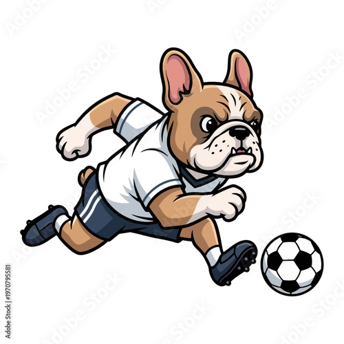 Fast french bulldog soccer player chasing ball, cartoon dog mascot athlete in white uniform, energetic puppy football character for team logo, kids sports design, isolated vector illustration
