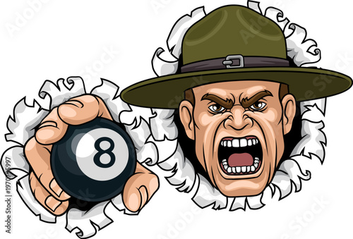 An angry drill instructor or sergeant bootcamp army soldier cartoon character holding billiards pool 8 ball sports team mascot illustration.