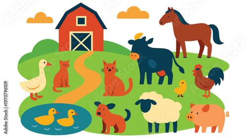 Cute cartoon domestic animals gathering in front of farm barn house.