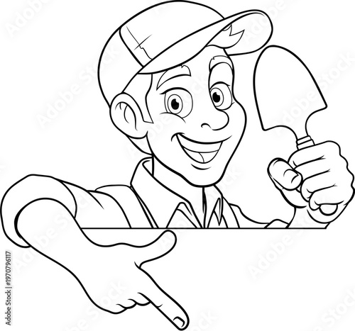 A cartoon gardener or farmer handyman mascot man holding a garden trowel spade tool, peeking around a sign and pointing at it