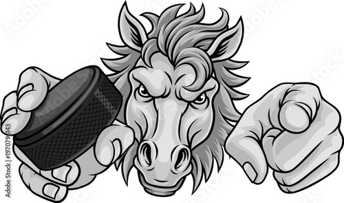 Horse mustang bronco stallion ice hockey angry sports team mascot holding a puck.