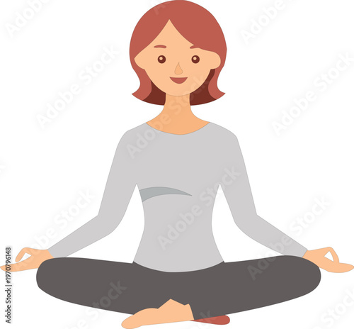 Cartoon woman sitting in lotus position with hands in mudra isolated on transparent background