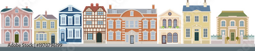 House Victorian building scene old English houses and buildings along city street. Georgian mansion and manor style homes in a vintage architectural row classic British facade illustration background