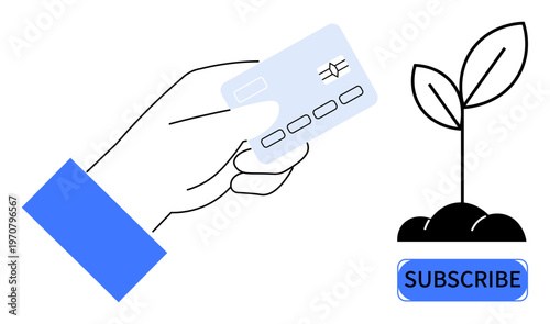 E-commerce, subscription services, sustainability, digital payment, environmental awareness, financial growth. A hand holding a credit card next to a growing plant with a subscribe button. E-commerce