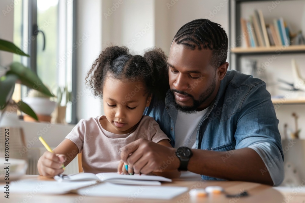 Naklejka premium Father and daughter engaging in creative learning at home together shining bright in a cozy room filled with joy and laughter while building lasting memories. Generative AI