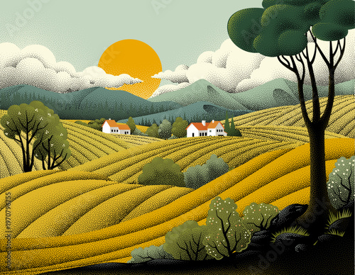 Fields rolling hills and mo...