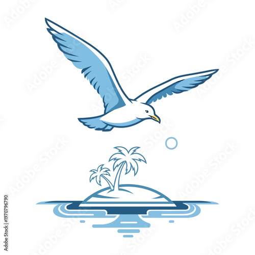 Graceful seabird flying above a serene tropical island with palm trees, a charming summer mascot illustration.