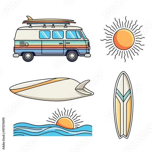 Retro Surf Travel Van and Summer Beach Icons Collection: Sun, Waves, and Surfboards Adventure