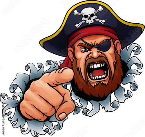 A pirate captain angry mascot cartoon man face or head breaking through the background and pointing at the viewer.