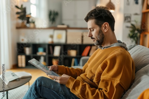 Young man reading newspaper in cozy living room environment enjoying leisure time surrounded by modern decor and warm lighting. Generative AI