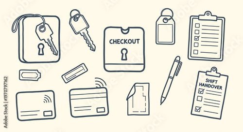 Travel essentials doodle set isolated on transparent background passport keys phone and more