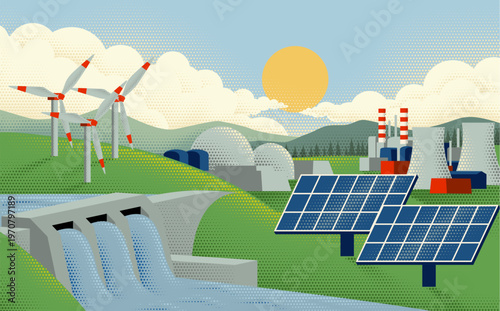 Selection of energy power generation mix types. Hydroelectric hydro water electric dam, power plant, solar panels, and wind turbines.