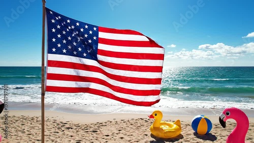American flag waving on a wooden pole at a sandy beach featuring inflatable pink flamingos, yellow ducks, and colorful beach balls on the shore with ocean waves under a blue sky.